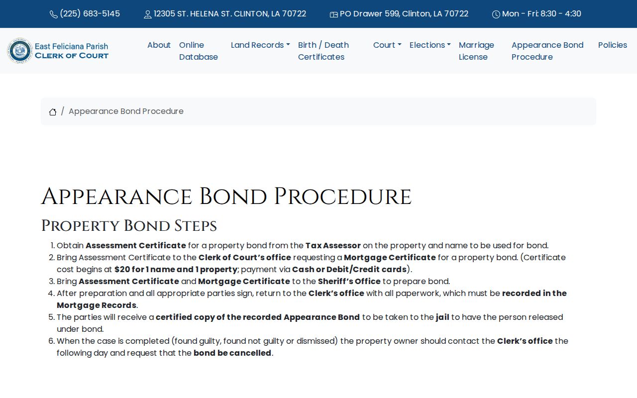 East Feliciana Parish property-bond release procedure