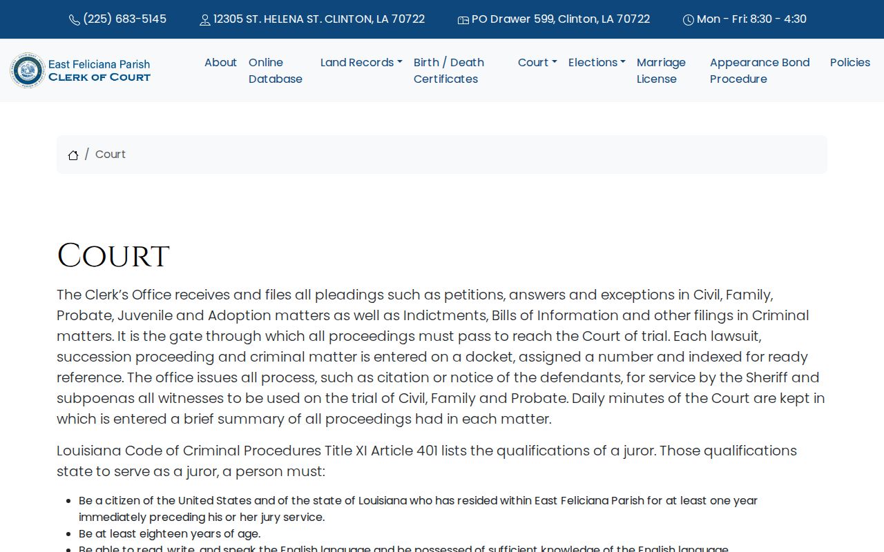 East Feliciana Parish court release records and daily minutes